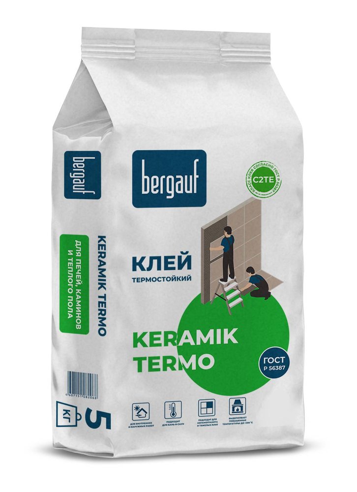 Термостойкий клей для печей, каминов и теплого пола Bergauf Keramik Termo класс C2TE, 5 кг 20732