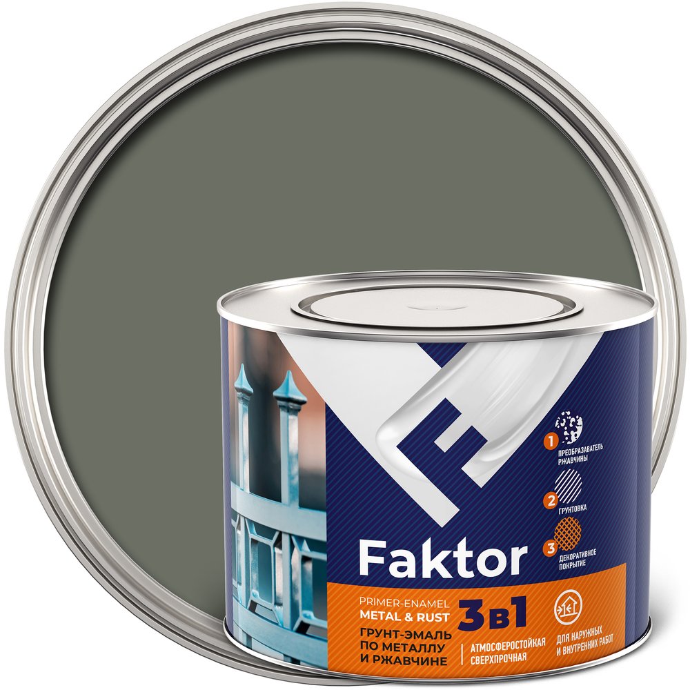 Грунт-эмаль ЯРОСЛАВСКИЕ КРАСКИ FAKTOR на ржавчину 3 в 1, серая, банка 1.9 кг 215142