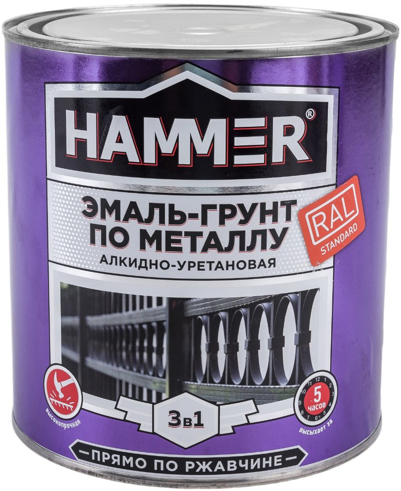 Эмаль-грунт по металлу HAMMER 3в1 АУ п/гл RAL 9004 сигнал. черный 2,7 кг ЭК000133634