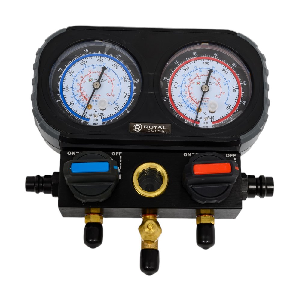 Манометрический коллектор Royal Clima Royal Clima 2-вентиля, 3 штуцера, R22/R32/R134/R410, М1/4', без шлангов RT-MG20BL-R410
