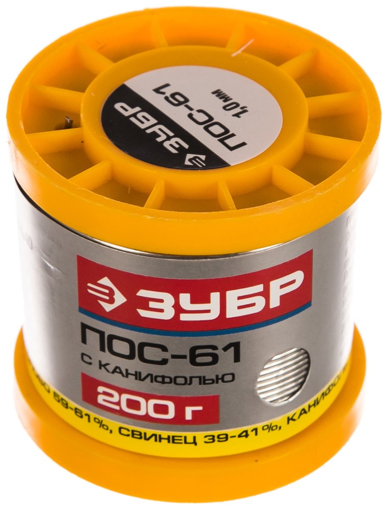 Припой ПОС 61 (1 мм, 200 г, трубка с канифолью) Зубр 55450-200-10C