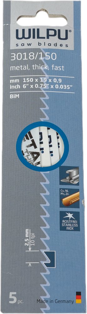 Полотно по металлу 3018/150 Bi-metall (5 шт, 150х19х0.9 мм, 130 мм, 10 TPI) WILPU 1481500005
