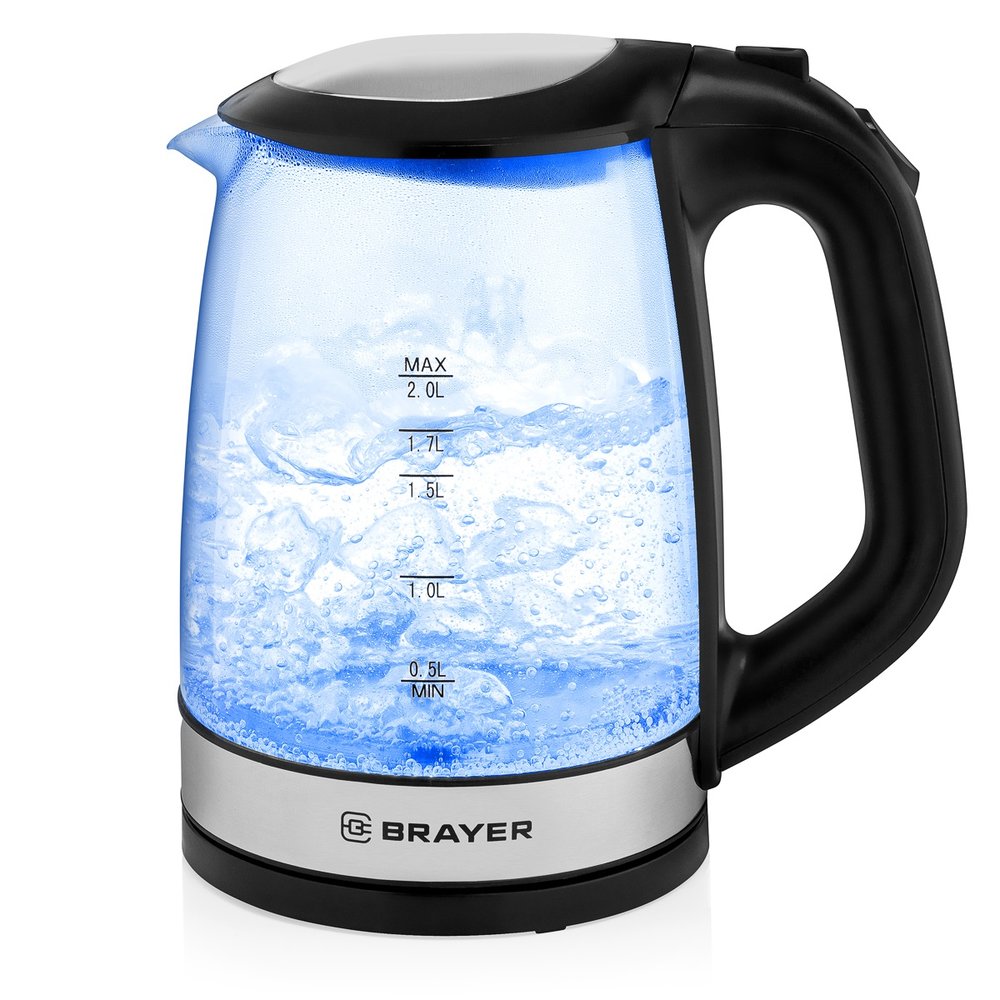 Электрический стеклянный чайник BRAYER 2200 Вт, 2 л, черный BR1040BK