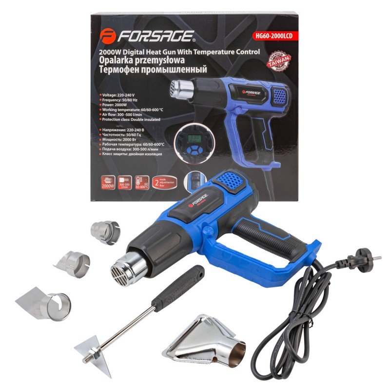 Промышленный электрический фен Forsage с дисплеем и насадками 220в, 50/60гц, 2000вт, 60-600с, 300-500л/мин, класс защиты-двойная изоляция F-HG60-2000LCD(52346)