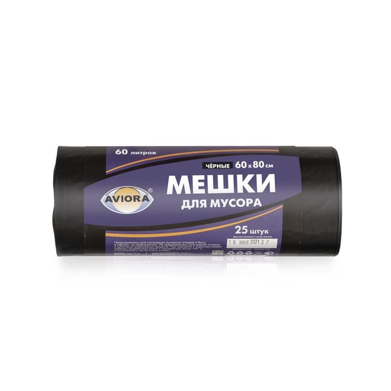 Пакеты для мусора ПНД черные (60 л, 10 мкм, 25 шт.) AVIORA 106-018