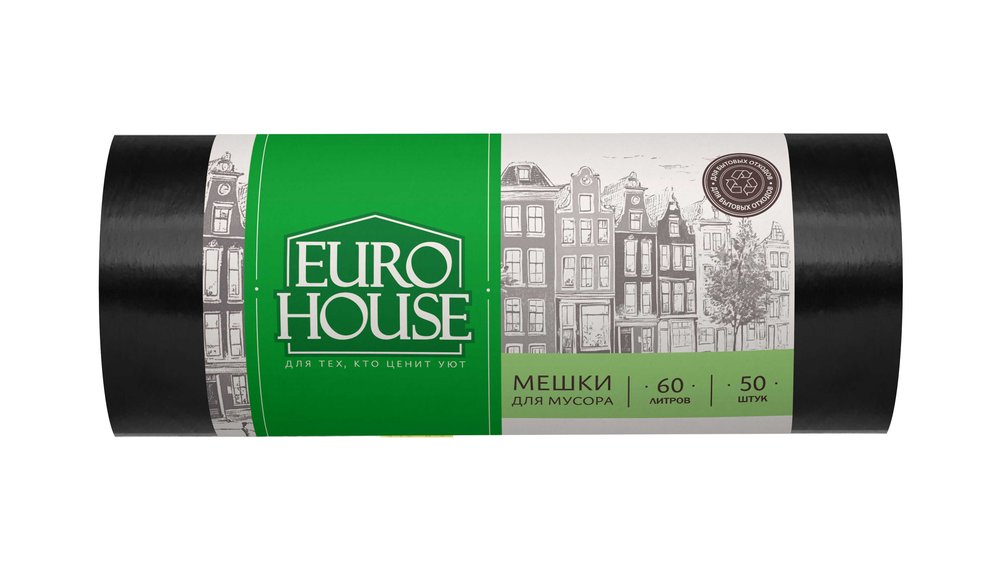 Мешки мусорные (50 шт, 60 л, 6 мкм, ПНД, рулон) EUROHOUSE 11571