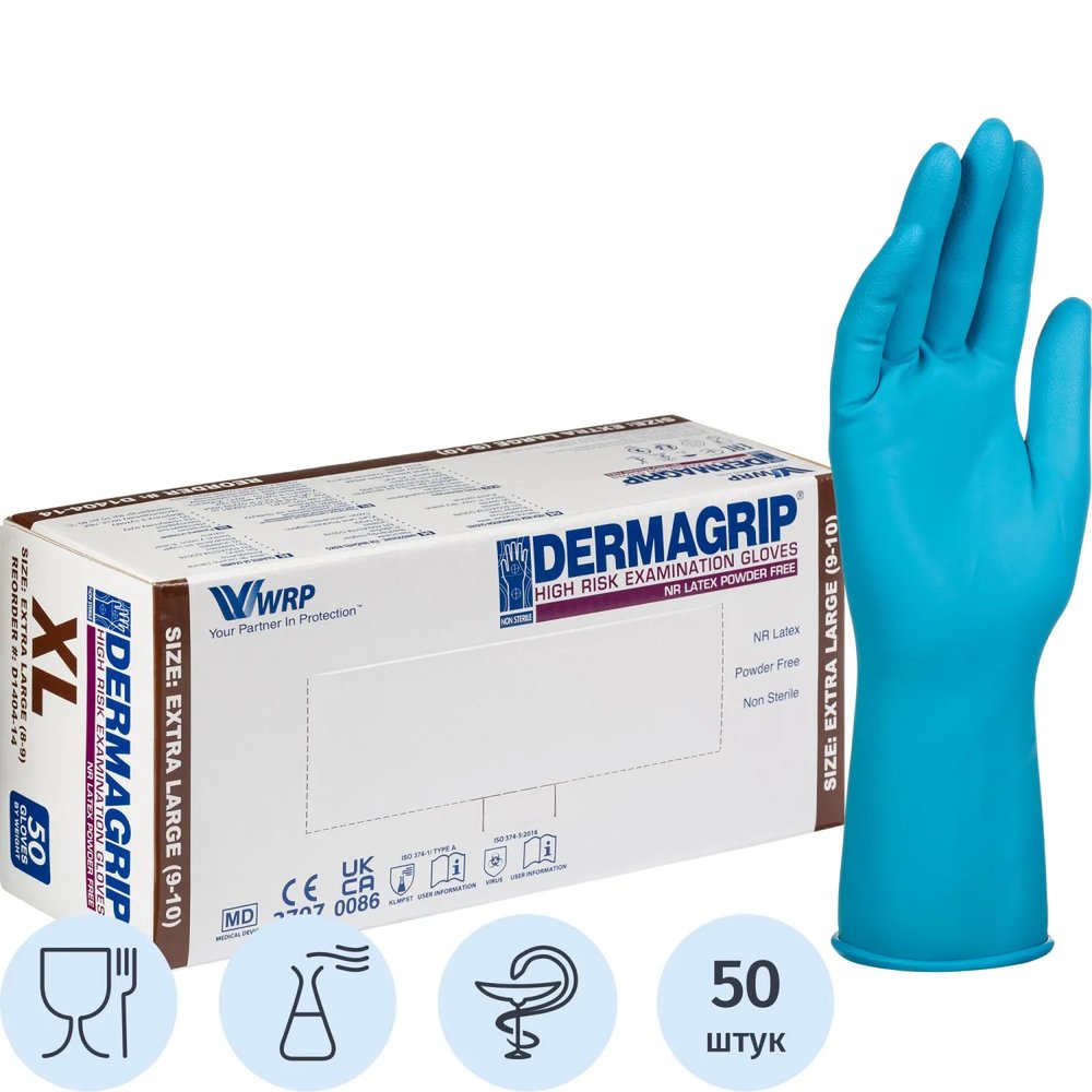 Перчатки мед.смотров. латекс.,нестер.,н/о, Dermagrip High Risk(XL) 25пар,ПС