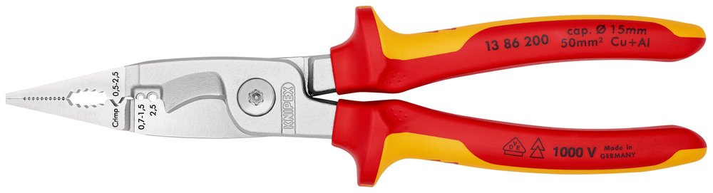 Электромонтажные клещи Knipex VDE, 6-в-1, 200 мм, диэлектрические, хром, 2К ручки, KN-1386200SB