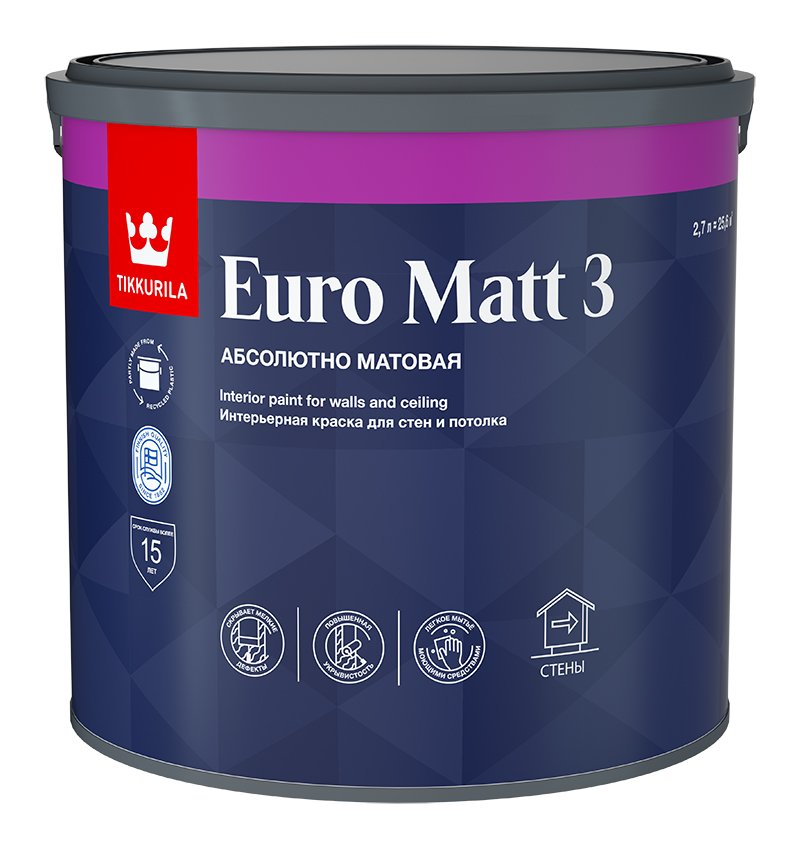 Интерьерная краска Tikkurila EURO MATT 3 база A глубоко матовая 2,7л 700001113