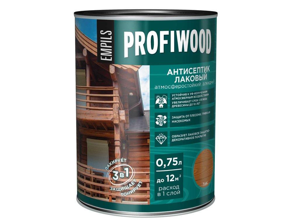 Алкидный антисептик PROFIWOOD (лаковый, тонирующий, атмосферостойкий, тик, 0.75 л, 0.7 кг) 67035
