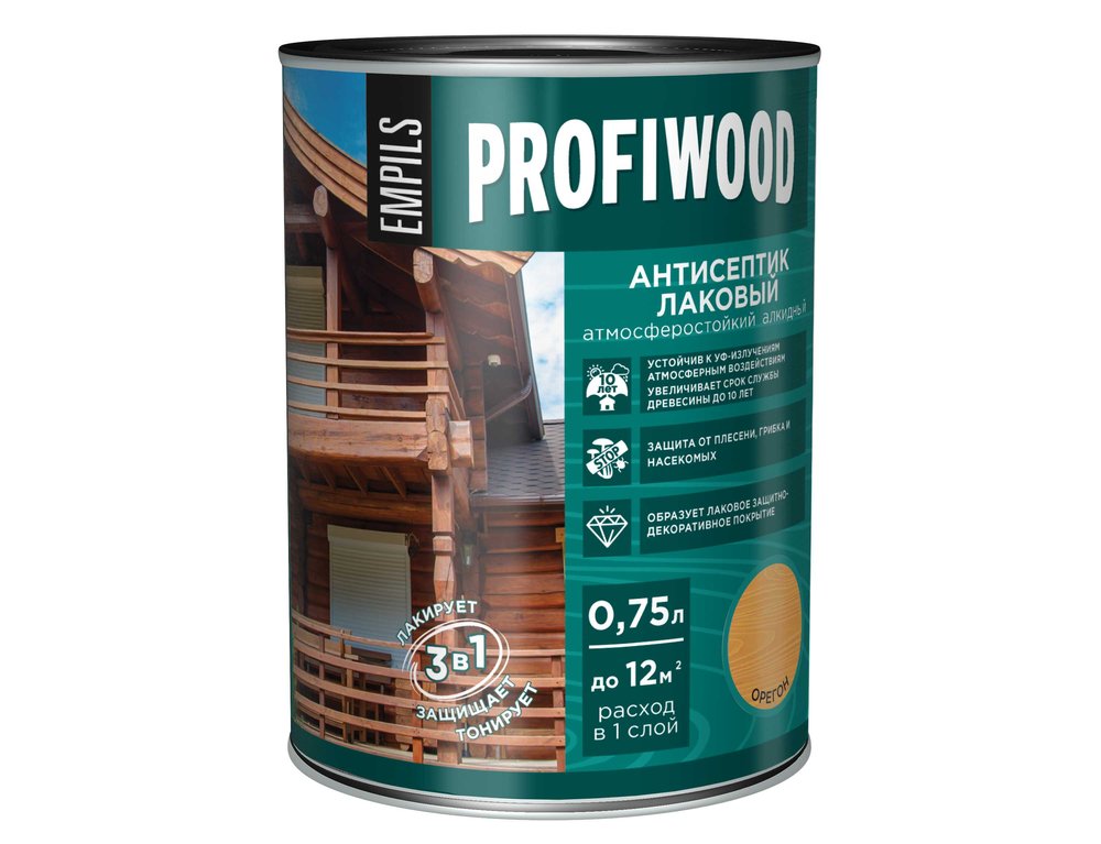 Алкидный антисептик PROFIWOOD (лаковый, тонирующий, атмосферостойкий, орегон, 0.75 л, 0.7 кг) 67023