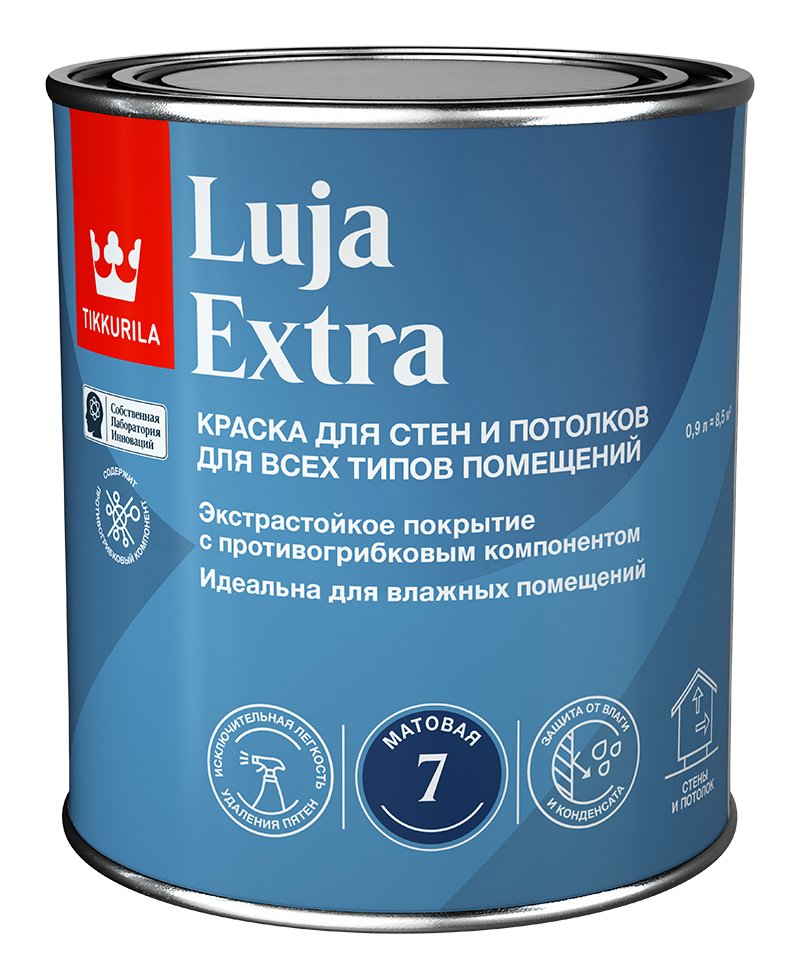 Краска для стен и потолков Tikkurila luja extra, матовая, база A, белая, 0.9 л 700014017