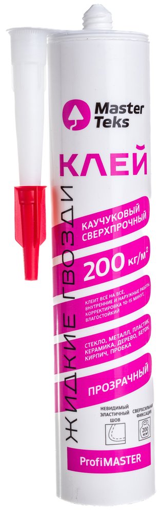 Сверхпрочный клей MASTERTEKS PROFMASTER каучук. 300 г бесцветный 200 кг/м2 12 53432