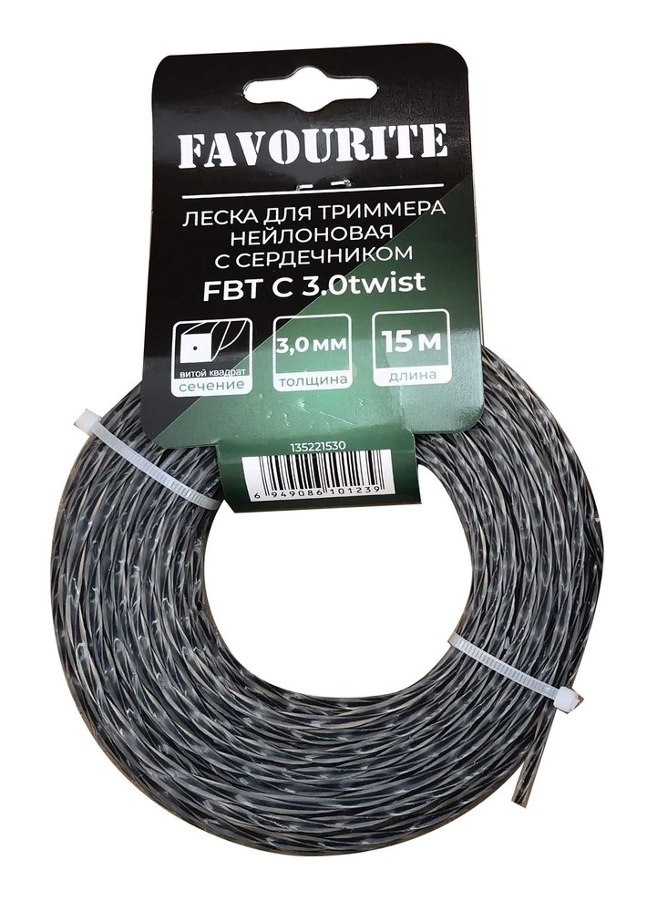 Леска для триммера нейлоновая 3 мм, 15 м, витой квадрат с сердечником FAVOURITE FBT C 3.0twist 135221530
