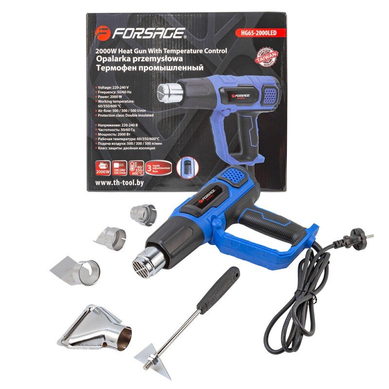 Промышленный электрический фен Forsage с насадками 220в, 50/60гц, 2000вт, 60/350/600с, 50/300/500л/мин, 3 режима, класс защиты-двойная изоляция  F-HG65-2000LED(52347)