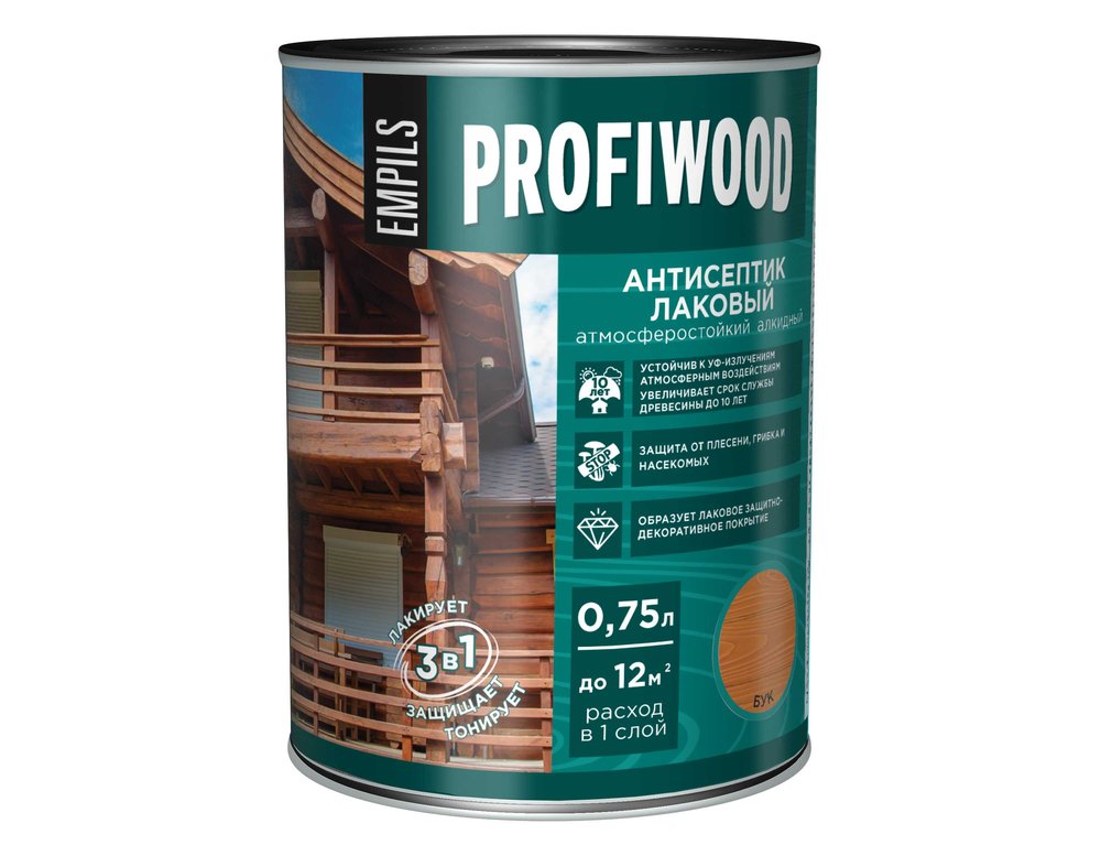 Алкидный антисептик PROFIWOOD (лаковый, тонирующий, атмосферостойкий, бук, 0.75 л, 0.7 кг) 67017