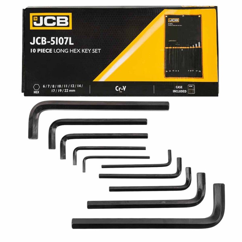 Набор Г-образных 6-гранных длинных ключей JCB 6-8, 10-12, 14, 17, 19 22 мм, 10 предметов JCB-5107L(59744)
