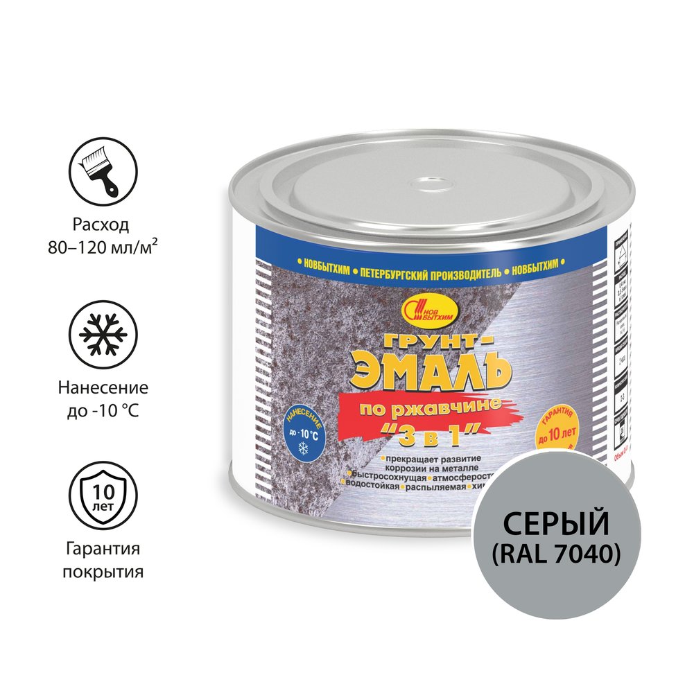 Грунт-эмаль по ржавчине 3 в 1 Новбытхим серая, 0.4 л RAL 7040 2338
