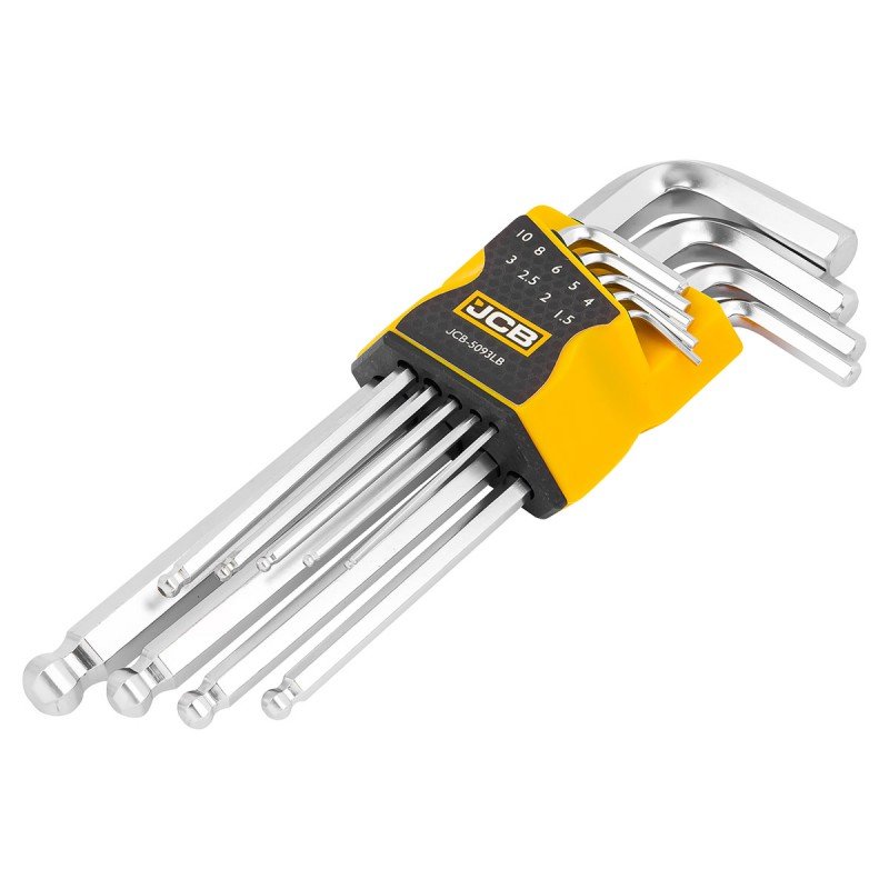 Набор Г-образных 6-гранных длинных ключей с шаром JCB 1.5, 2, 2.5, 3-6, 8, 10 мм, 9 предметов JCB-5093LB(59740)