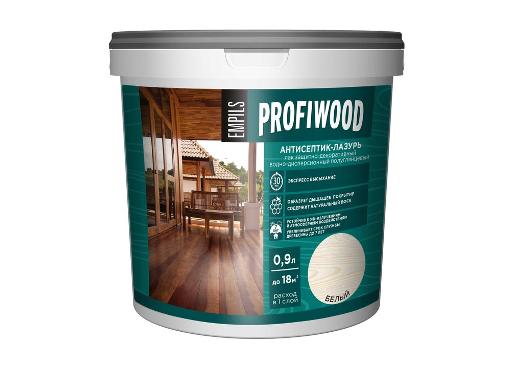 Водно-дисперсионный антисептик-лазурь PROFIWOOD (декоративный, атмосферостойкий, белый, 2.5 кг) 70021