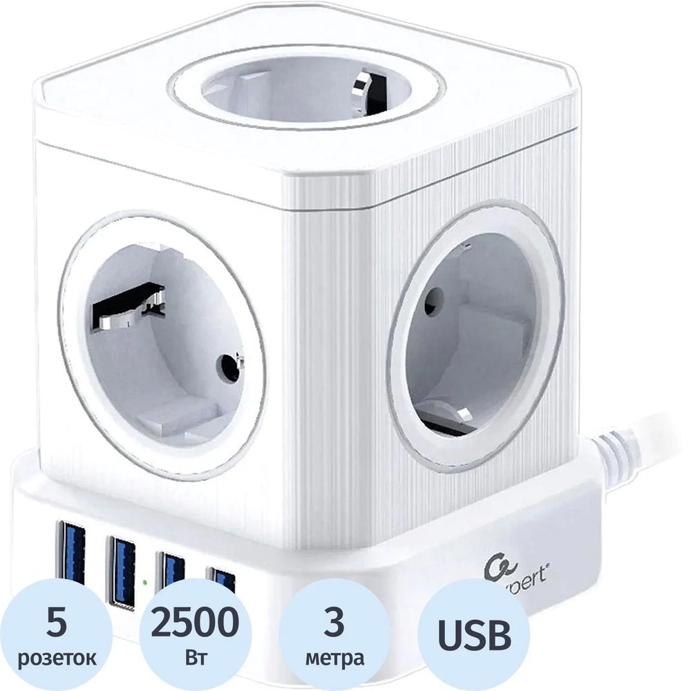 Сетевой фильтр Cablexpert Tower 5р/3м, 10А, 4хUSB, белый(TWR-5-U4-W-3)