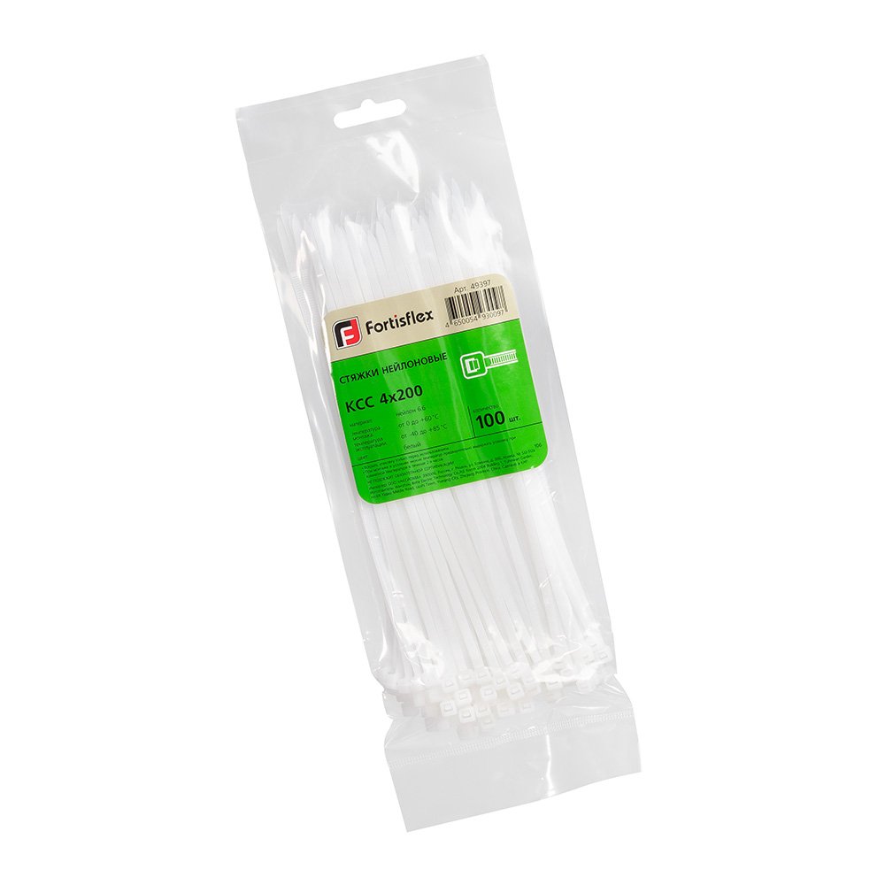 Нейлоновые стяжки FORTISFLEX КСС 4х200 белый 100 штук 49397