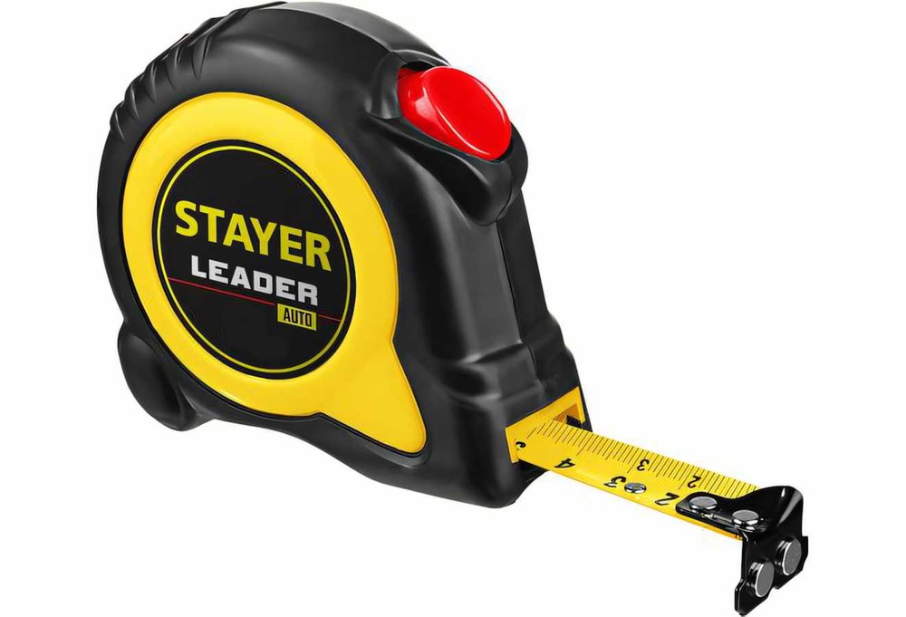 Рулетка Stayer LEADER 10м / 25мм с автостопом в ударостойком обрезиненном корпусе 3402-10-25