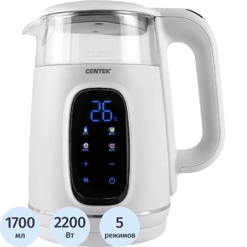 Чайник Centek CT-0052 White 1,7л 2200Вт,2стенки LED-дисплей, 40/80/90/100С