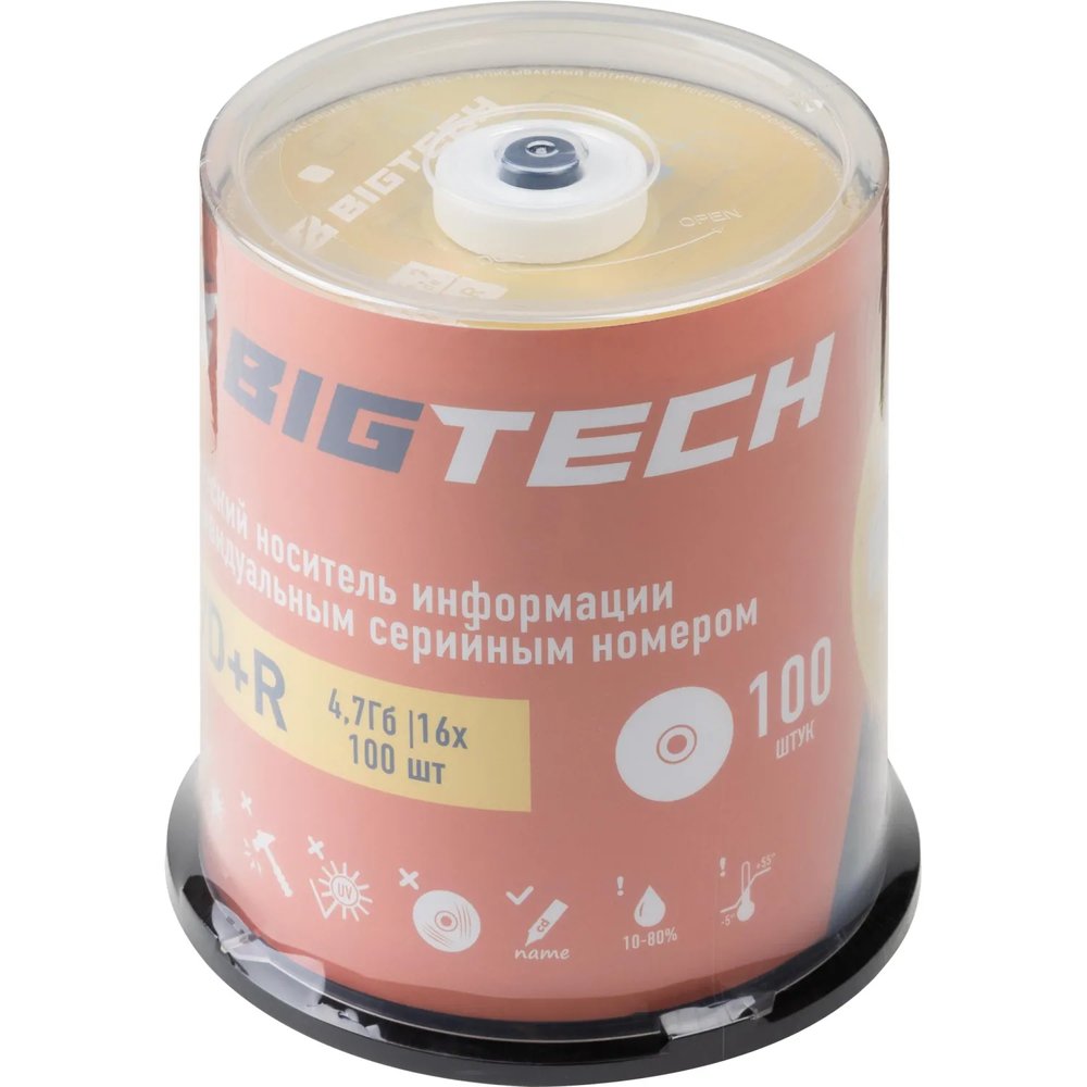 Носители информации Bigtech YDVDRB007 DVD+R 4,7Гб/16х/100шт/уп (бокс)