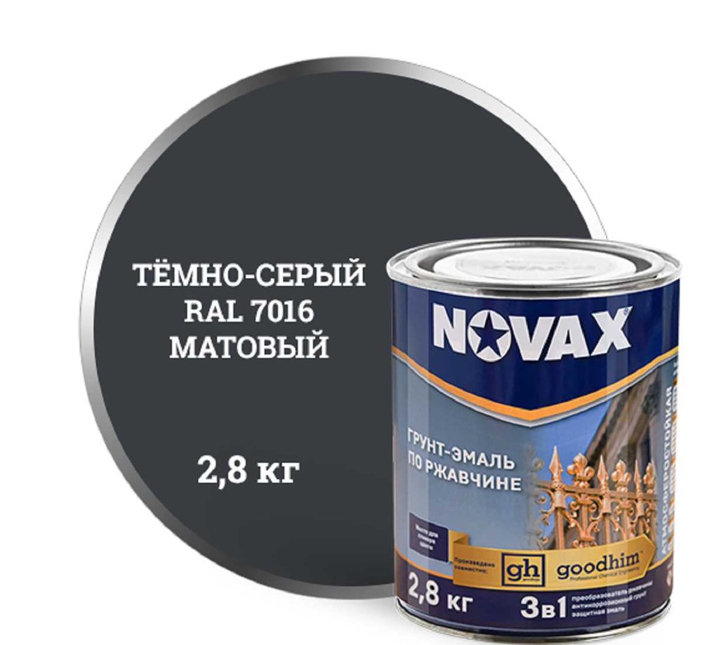 Грунт-эмаль по металлу Goodhim 3в1 novax темно-серый RAL 7016 матовая, 3 л. 2,8кг 11035