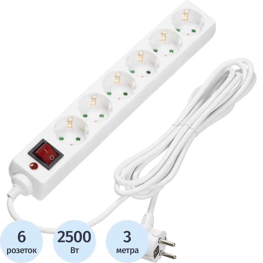 Сетевой фильтр BigTech CD6-3W1 (6р/3м/10А/2500Вт 1мм 2500Вт)