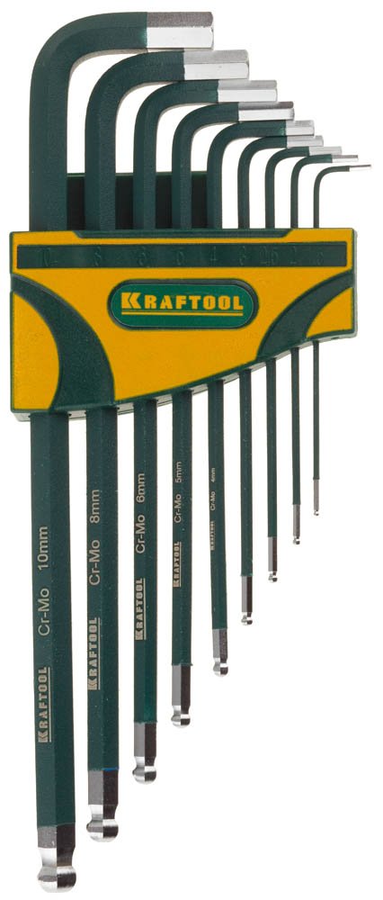 Набор длинных имбусовых ключей KRAFTOOL Industrie шарик, Cr-Mo сталь, 9 шт. 27445-H9