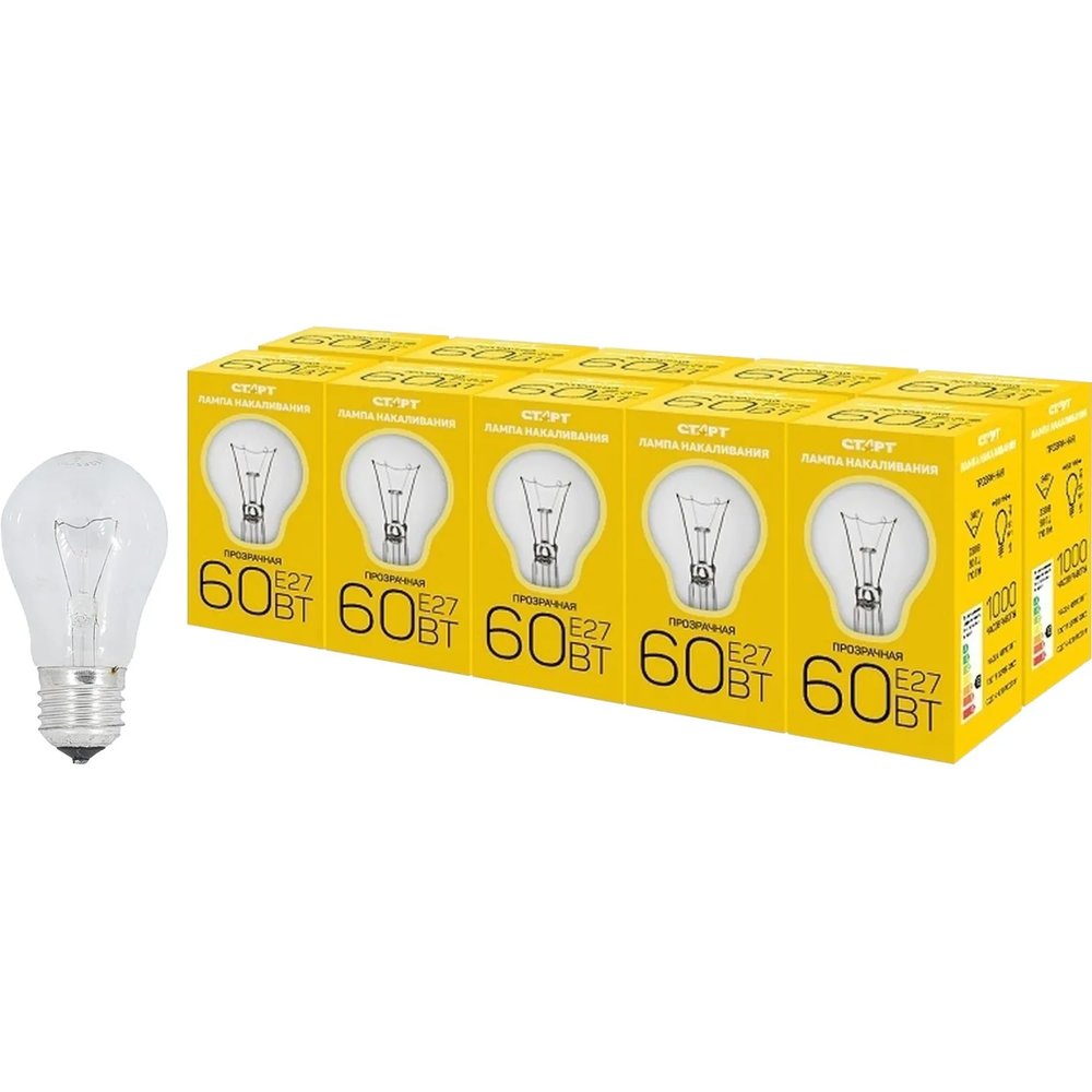 Лампа накаливания СТАРТ стандартная/прозрачная 60W E27 10 шт