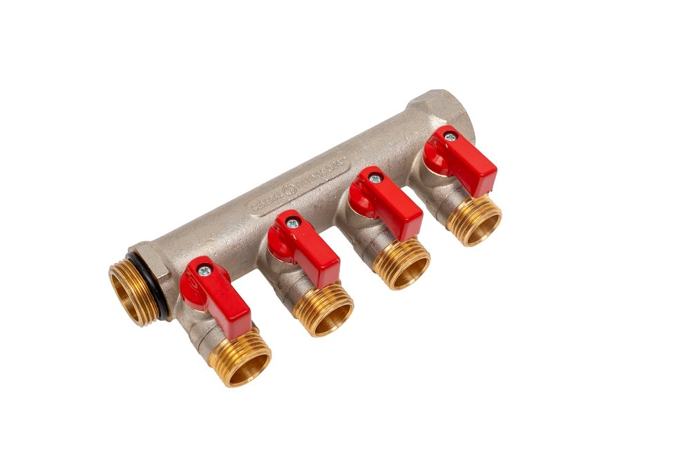 Коллектор с шаровыми кранами STOUT Smb 6210 341204 3/4', 4 отвода 1/2', красные ручки RG0091AACQND3T