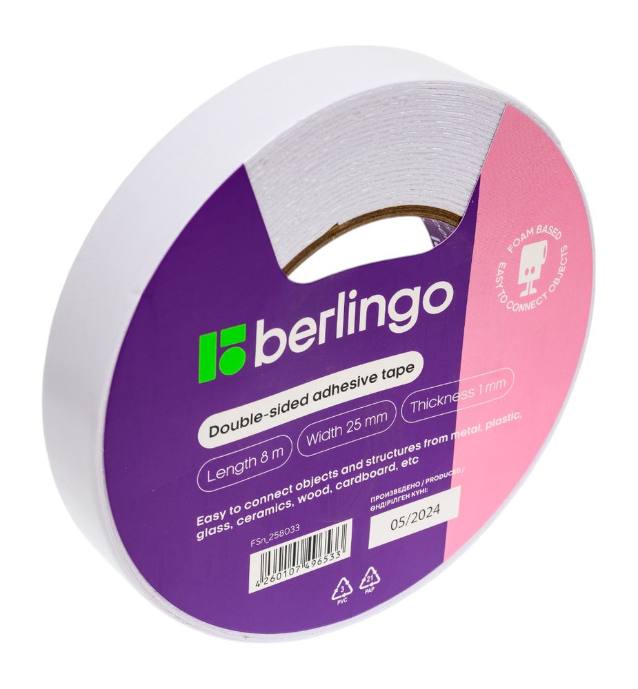Двусторонняя клейкая лента на вспененной основе Berlingo 25 мм х 8 м, 1 мм FSn_258033