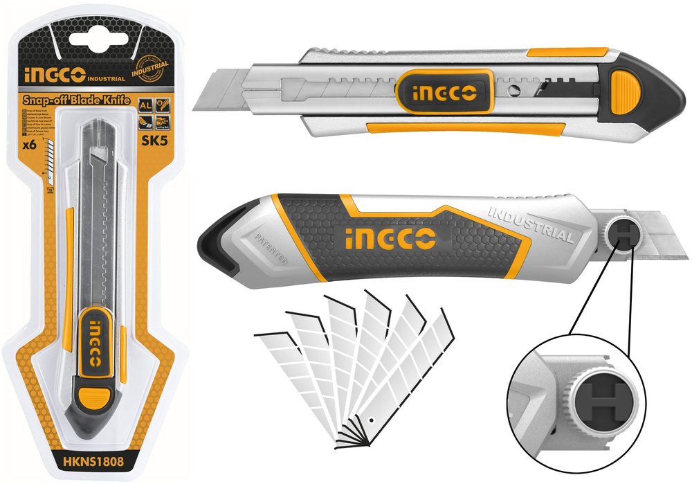 Канцелярский нож INGCO 190х100х18 мм В ком. 5 лезвий INDUSTRIAL HKNS1808