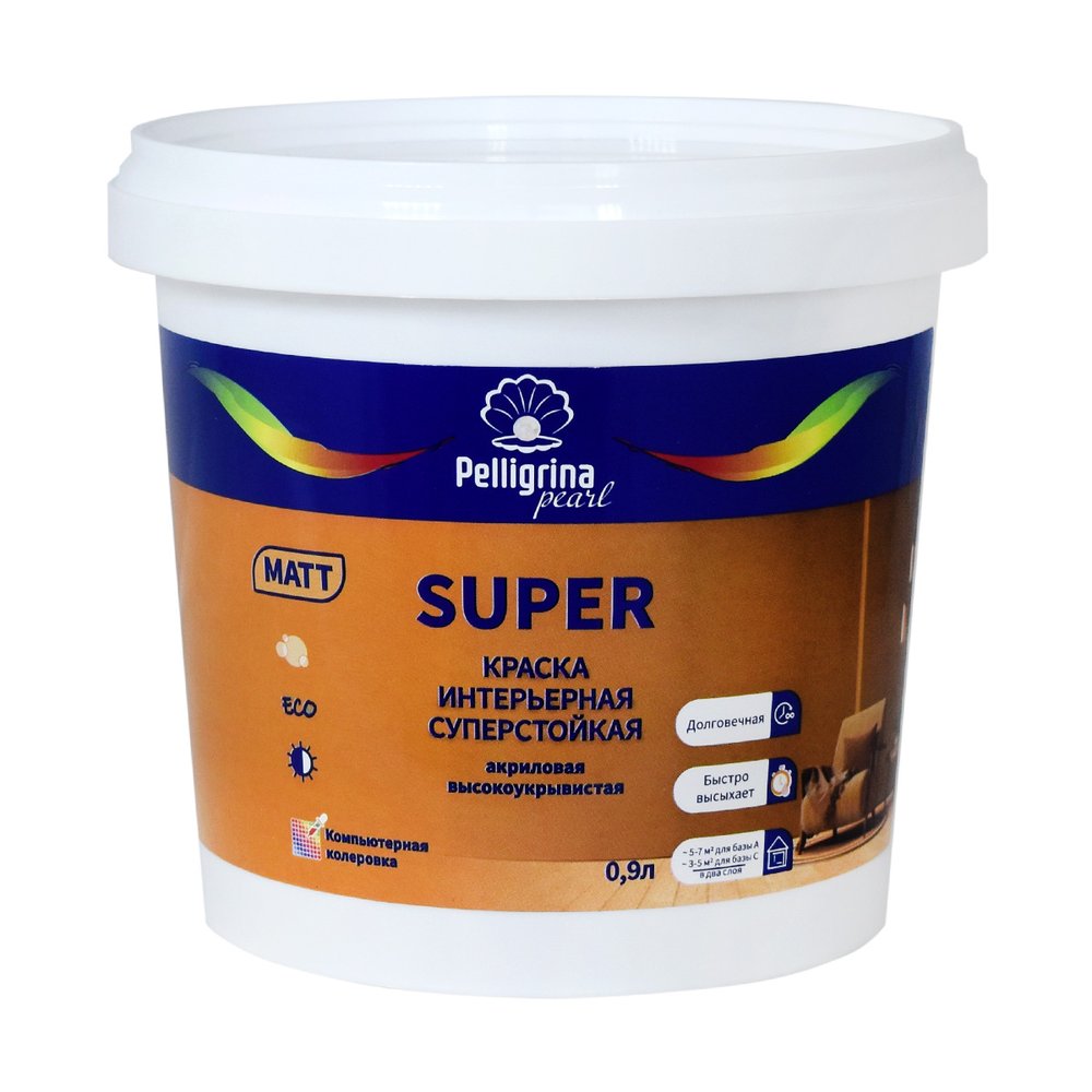 Интерьерная краска PELLIGRINA PAINT super, акриловая, матовая, база С, бесцветная, 0.9 л 256887