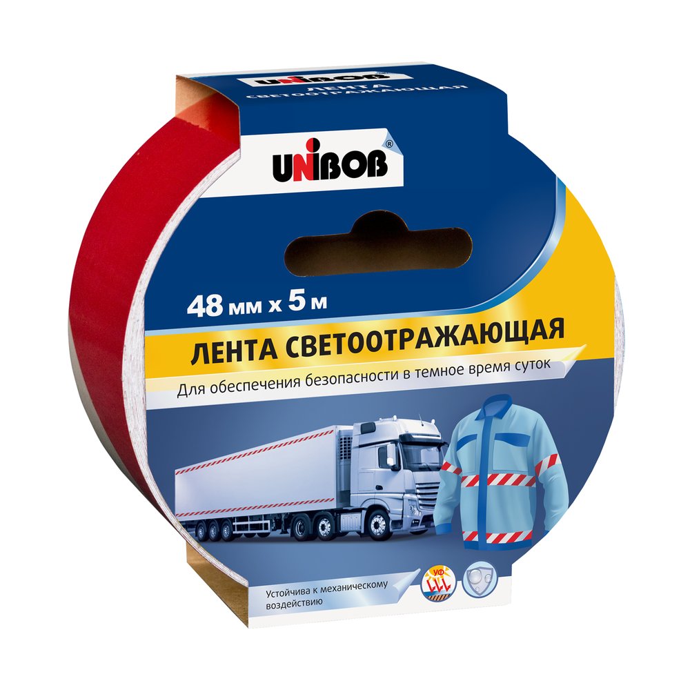 Клейкая лента UNIBOB разметочная, светоотражающая, 48 мм х 5 м, Красно Белая 214946