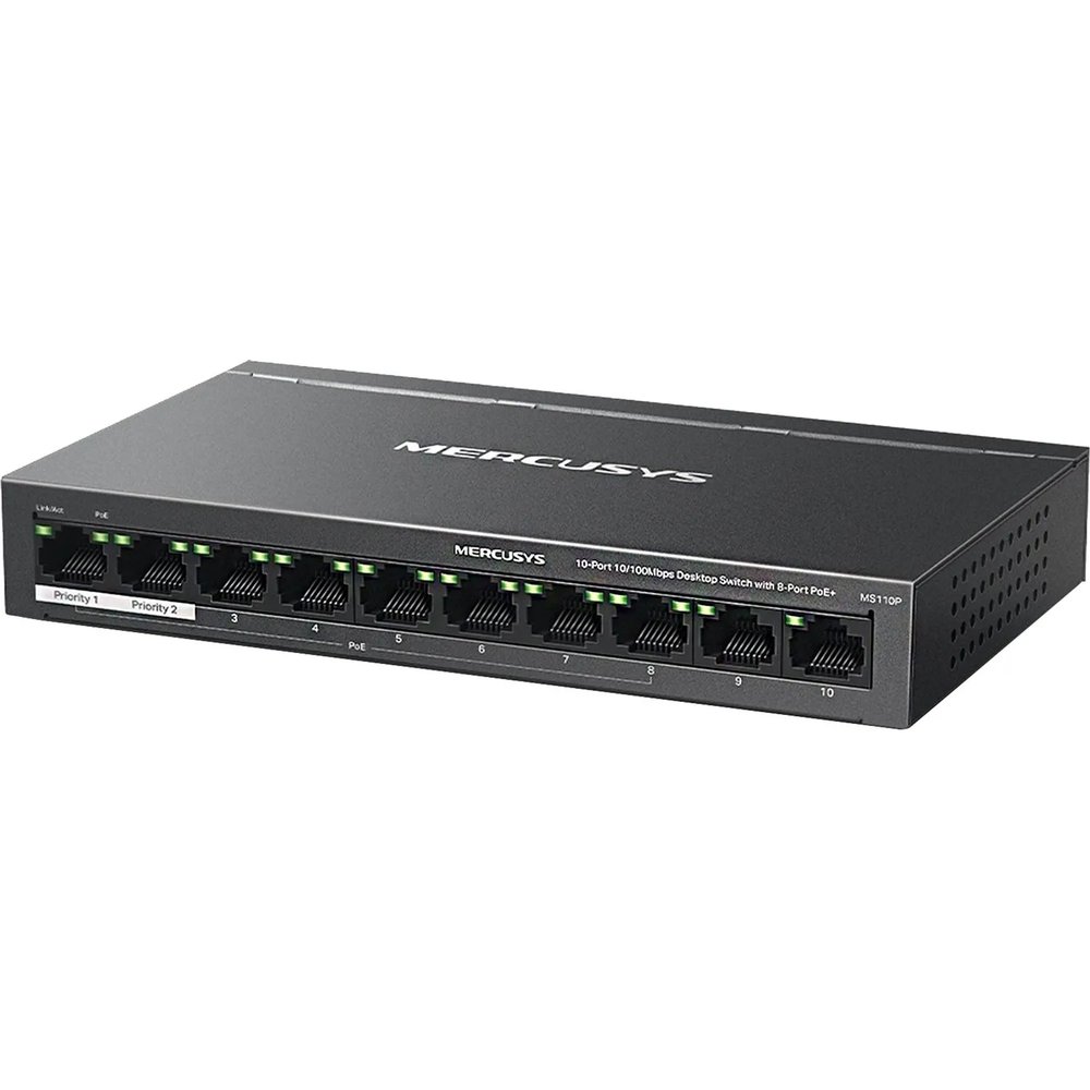 Коммутатор Mercusys MS110P (L2) 10x100Мбит/с 8PoE+ 65W неуправляемый