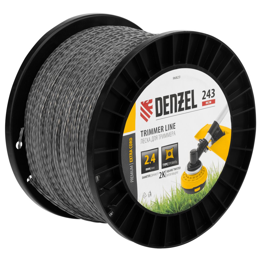Леска двухкомпонентная EXTRA CORD (2.4 мм, 243 м, витой квадрат, на DIN катушке) для триммера Denzel 96823