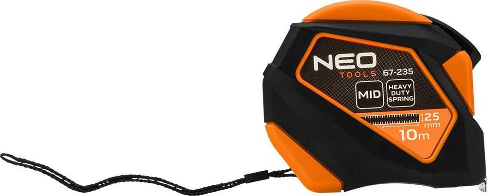 Стальная рулетка NEO TOOLS 10 м, 25 мм, обрезиненный корпус, автоблокировка, кнопка остановки, магнит 67-235