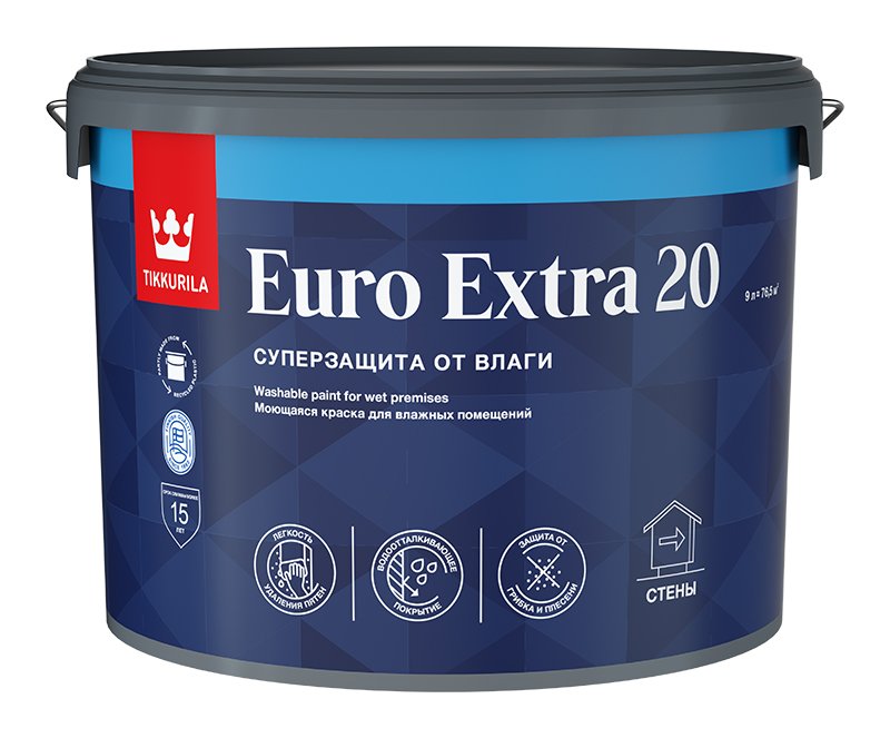 Краска Tikkurila EURO EXTRA 20 моющаяся для влажных помещений, база A 9л 700001107