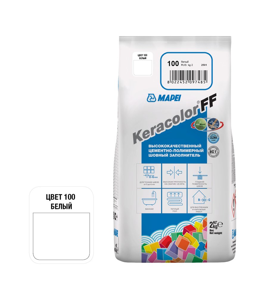 Затирка MAPEI KERACOLOR FF № 100/2кг (Белый) 5QA010002A