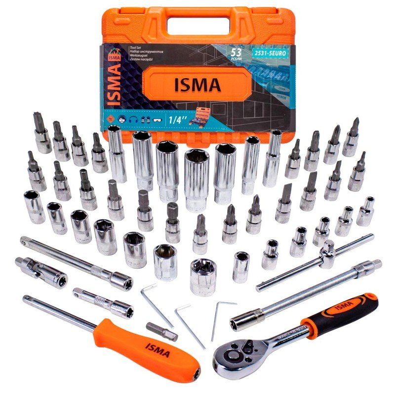 Набор инструмента ISMA 1/4'', 6-гран., 4-14 мм, головки глубокие 6-14 мм, 53 предмета -2531-5EURO(51108) ISMA-2531-5 EURO(51108)