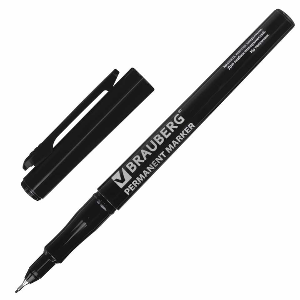 Маркер BRAUBERG перманентный Super Slim ЧЕРНЫЙ тонкий металлический наконечник 0,8 мм 12 шт 151632