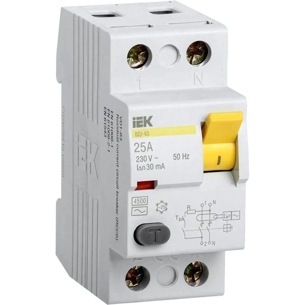 УЗО выключатель диф. тока IEK ВД1-63 2п 25А 30мА тип AC MDV10-2-025-030