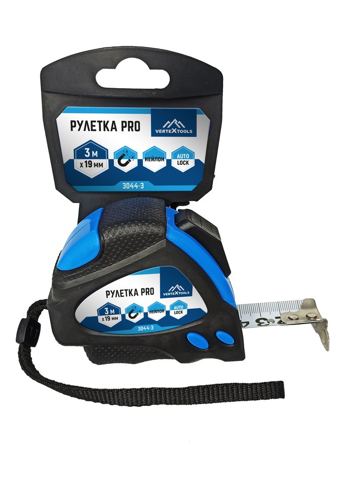 Рулетка vertextools нейлоновая 3х19 мм, автостоп 3044-3