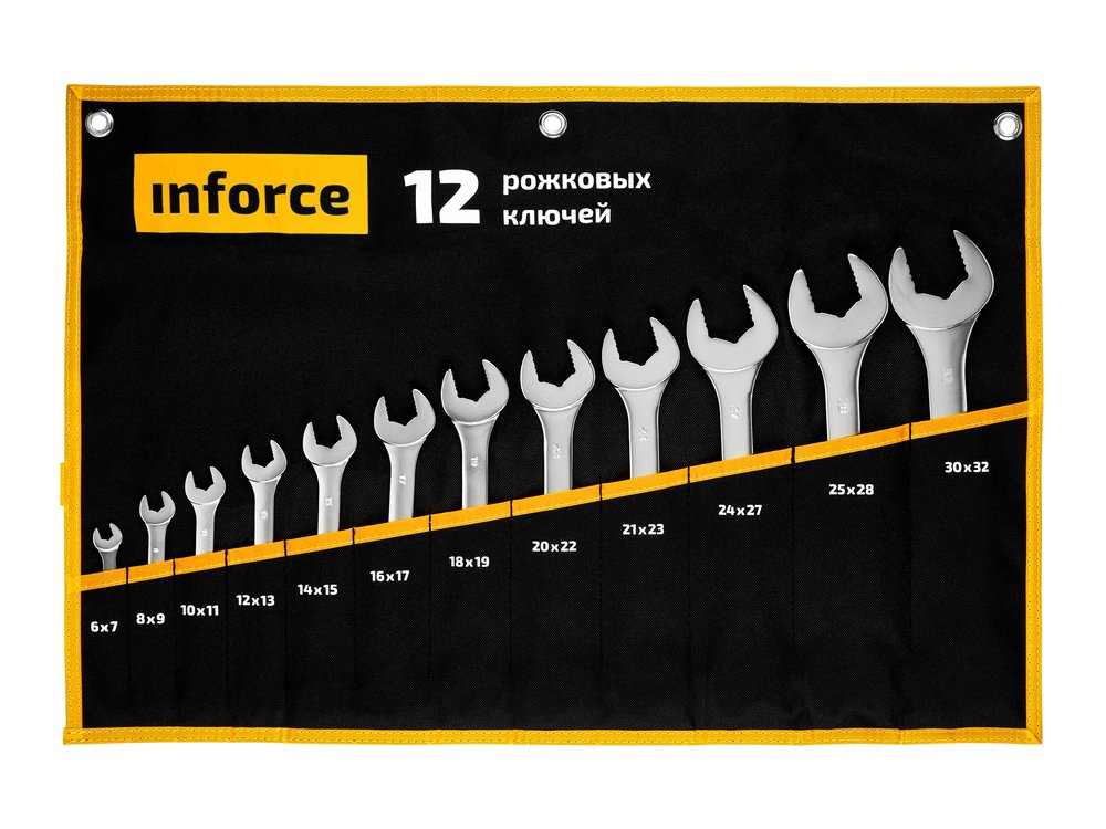 Набор рожковых ключей 12 предметов Inforce, Сталь Cr-V, 6-32мм, профессиональный, 06-05-44