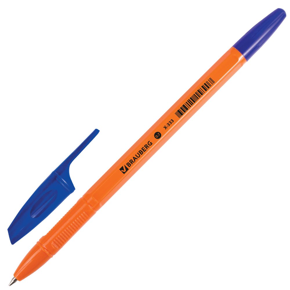 Ручка 50 шт в упаковке BRAUBERG шариковая X-333 Orange СИНЯЯ корпус оранжевый узел 07мм линия 035мм  142409