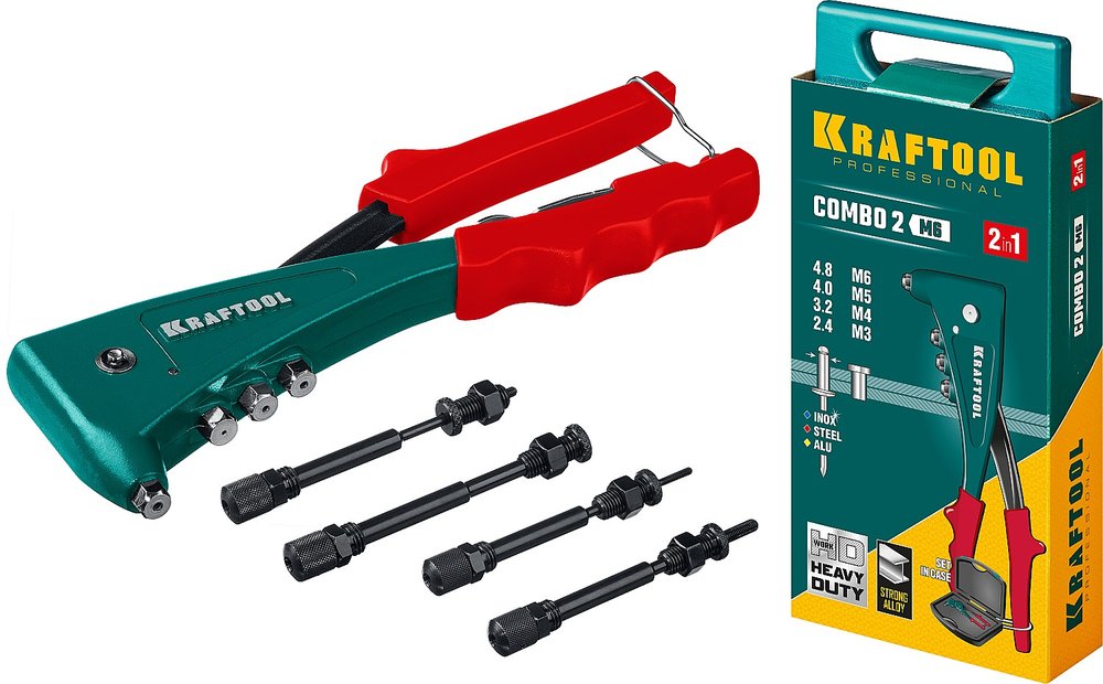 Комбинированный литой заклепочник KRAFTOOL Combo2-M6 в кейсе, 2 вида заклёпок 31180